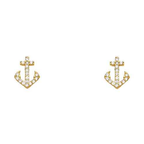 14K Yellow Gold Anchor Cubic Zirconia Stud Earrings w/Screw