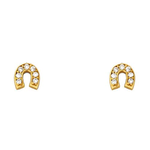 14K Yellow Gold Horse Shoe Cubic Zirconia Stud Earrings w/Screw