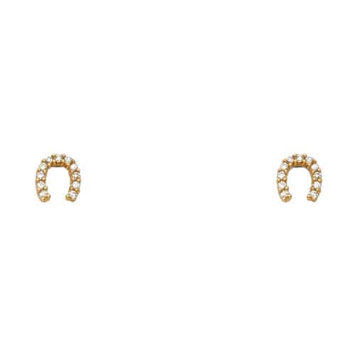 14K Yellow Gold Horse Shoe Cubic Zirconia Stud Earrings w/Screw