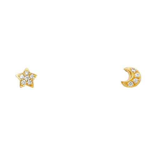 14K Yellow Gold Star+Moon Cubic Zirconia Stud Earrings w/Screw