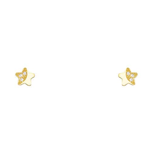 14K Yellow Gold Star Cubic Zirconia Stud Earrings w/Screw