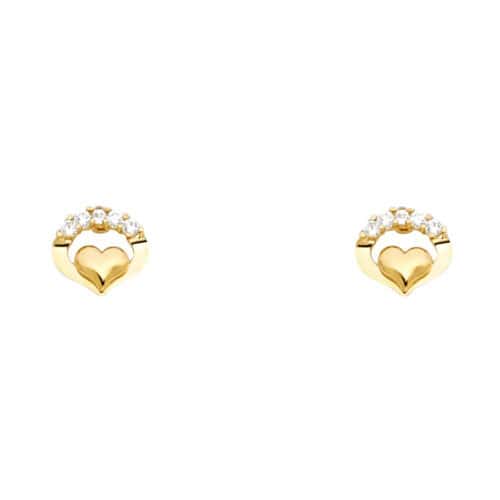 14K Yellow Gold Heart Cubic Zirconia Stud Earrings w/Screw