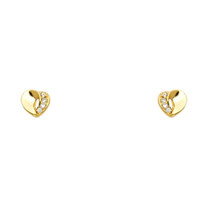 14K Yellow Gold Heart Cubic Zirconia Stud Earrings w/Screw