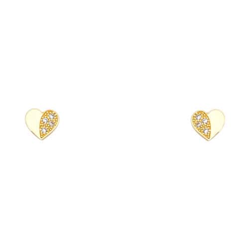 14K Yellow Gold Heart Cubic Zirconia Stud Earrings w/Screw