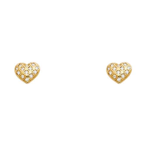 14K Yellow Gold Heart Cubic Zirconia Stud Earrings w/Screw
