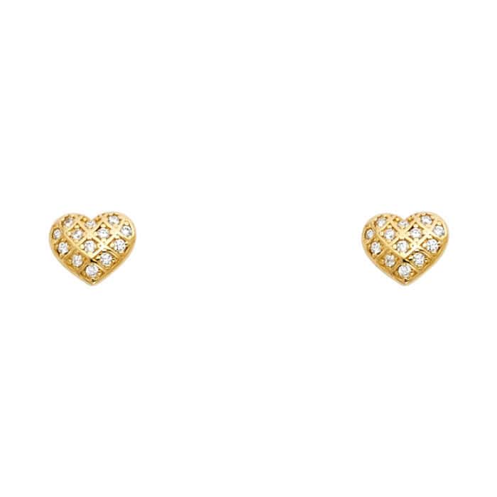 14K Yellow Gold Heart Cubic Zirconia Stud Earrings w/Screw