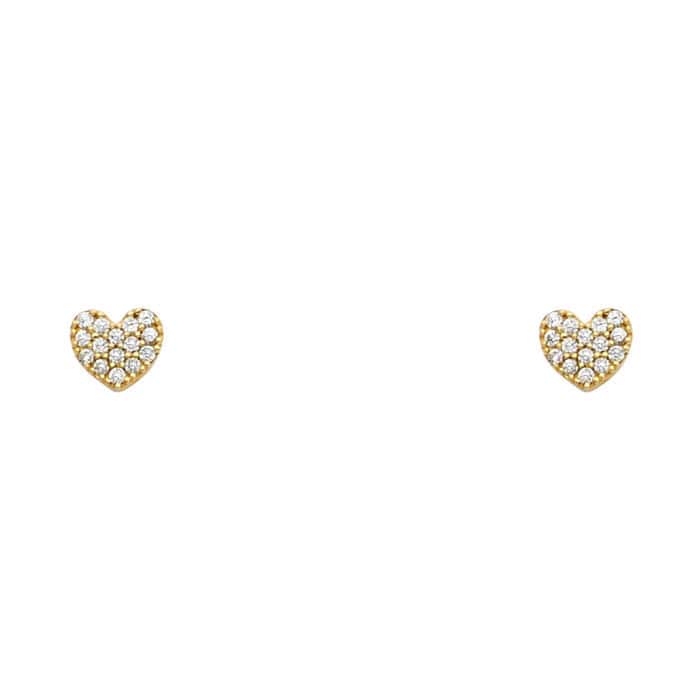 14K Yellow Gold Heart Cubic Zirconia Stud Earrings w/Screw