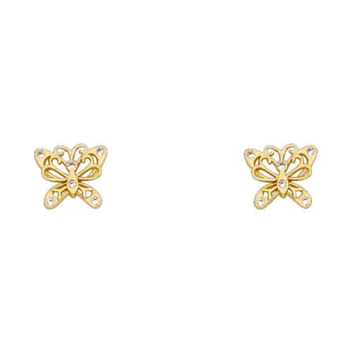 14K Yellow Gold Butterfly Cubic Zirconia Stud Earrings w/Screw