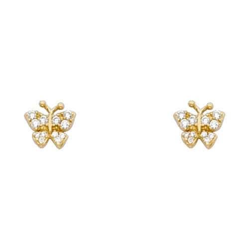 14K Yellow Gold Butterfly Cubic Zirconia Stud Earrings w/Screw