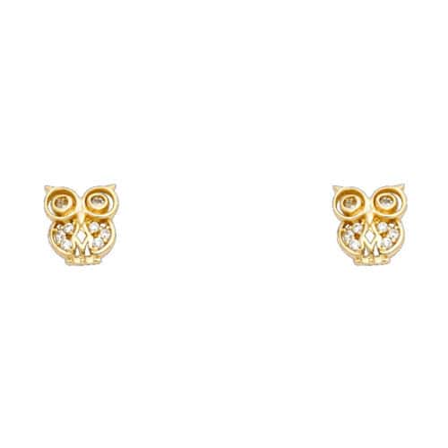 14K Yellow Gold Owl Cubic Zirconia Stud Earrings w/Screw