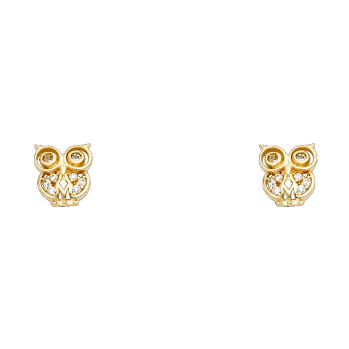14K Yellow Gold Owl Cubic Zirconia Stud Earrings w/Screw