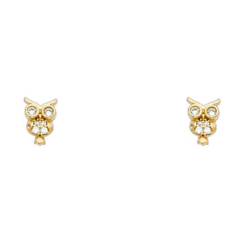 14K Yellow Gold Owl Cubic Zirconia Stud Earrings w/Screw