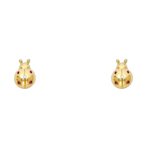 14K Yellow Gold Lady Bug Cubic Zirconia Stud Earrings w/Screw