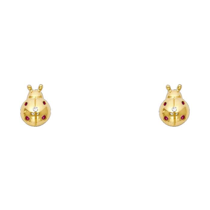 14K Yellow Gold Lady Bug Cubic Zirconia Stud Earrings w/Screw