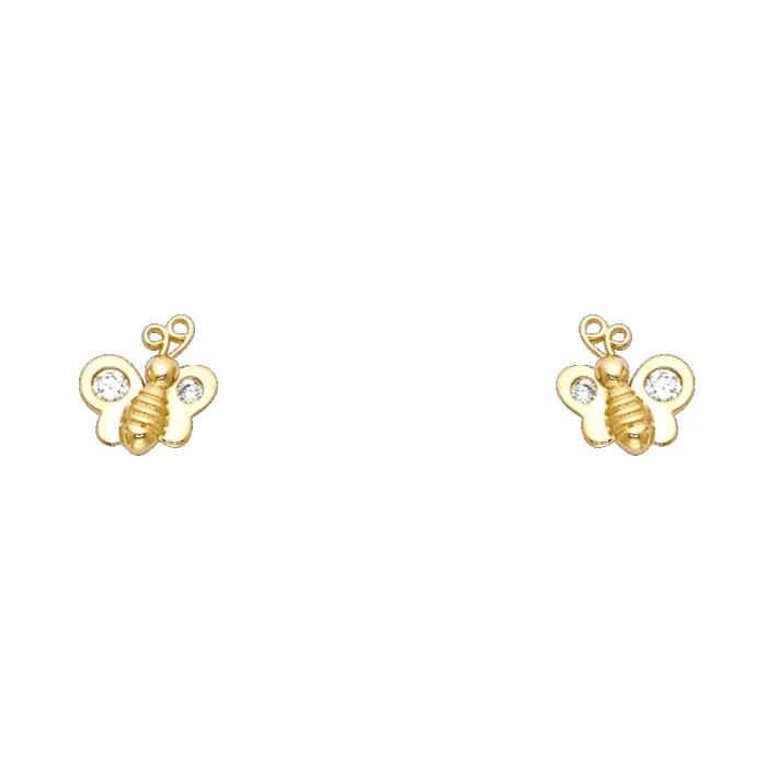14K Yellow Gold Bee Cubic Zirconia Stud Earrings w/Screw