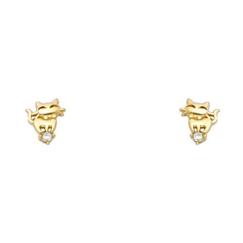 14K Yellow Gold Cat Cubic Zirconia Stud Earrings w/Screw