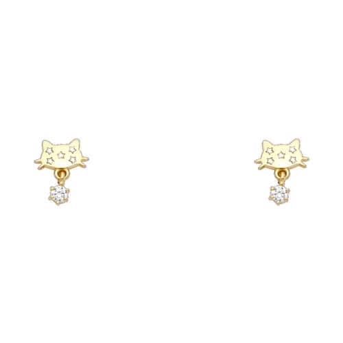 14K Yellow Gold Cat Cubic Zirconia Stud Earrings w/Screw