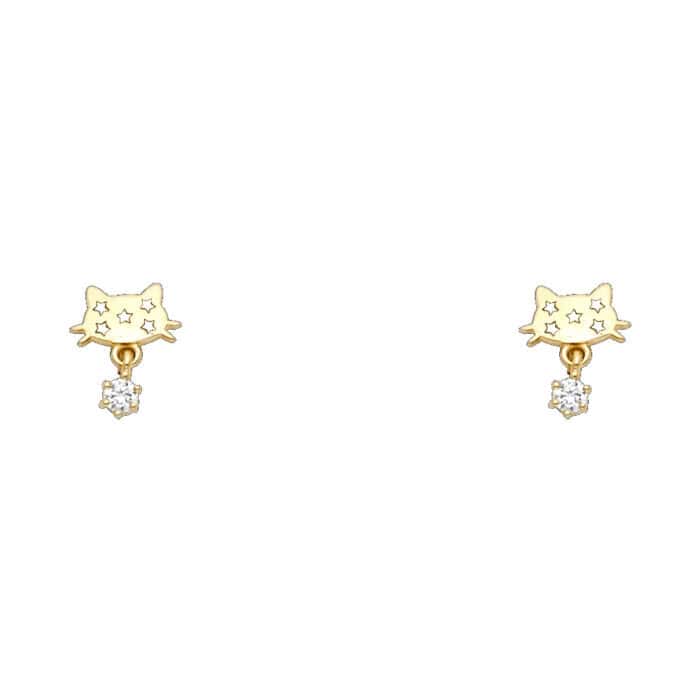 14K Yellow Gold Cat Cubic Zirconia Stud Earrings w/Screw