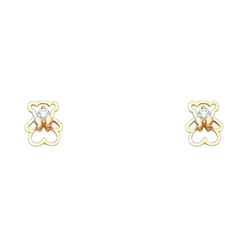 14K Two Tone Gold Bear Cubic Zirconia Stud Earrings w/Screw