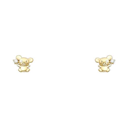 14K Yellow Gold Mouse Cubic Zirconia Stud Earrings w/Screw