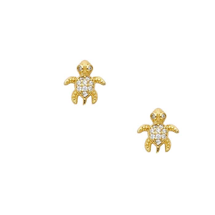 14K Yellow Gold Turtle Cubic Zirconia Stud Earrings w/Screw - Image 2