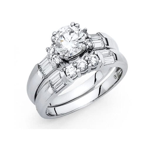 14K White Gold Cubic Zirconia Engagement Ring and Wedding Band Set
