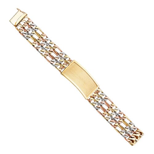 14K Tri Color Gold 3L Nugget Figaro Link ID Bracelet - 9"