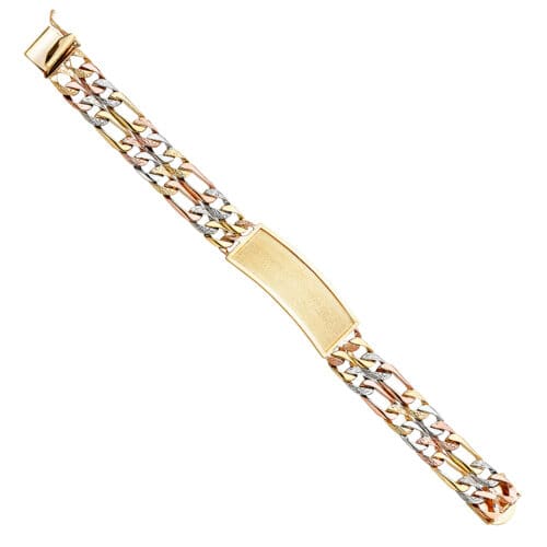 14K Tri Color Gold 2L Nugget Figaro Link ID Bracelet - 8.5"
