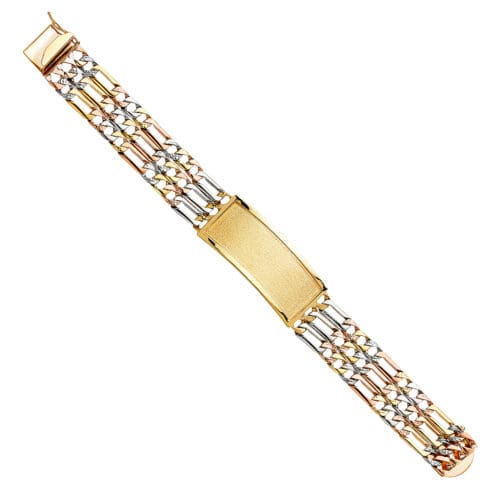 14K Tri Color Gold 3L Nugget Figaro Link ID Bracelet - 8.5"