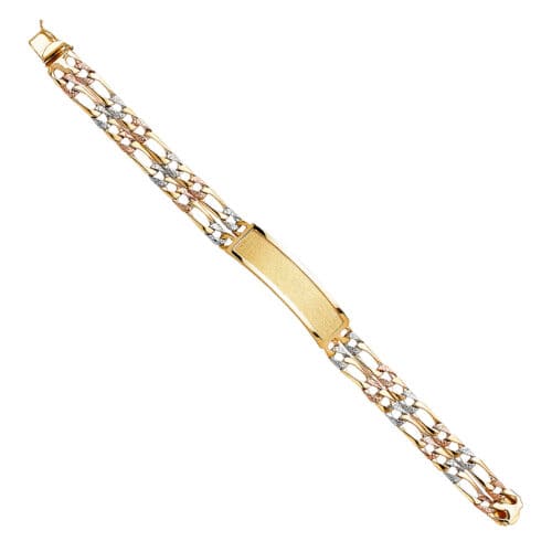 14K Tri Color Gold 2L Nugget Figaro Light Link ID Bracelet - 8.5"