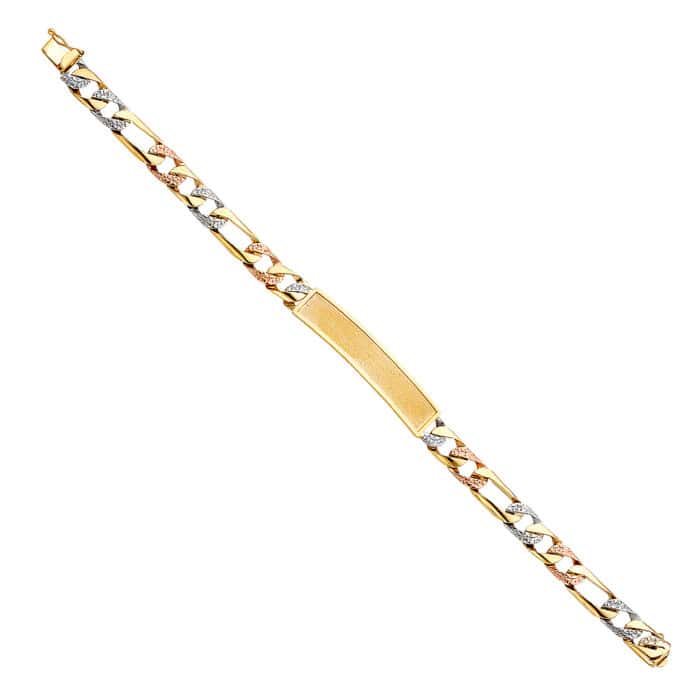 14K Tri Color Gold Nugget Figaro ID Bracelet - 8"