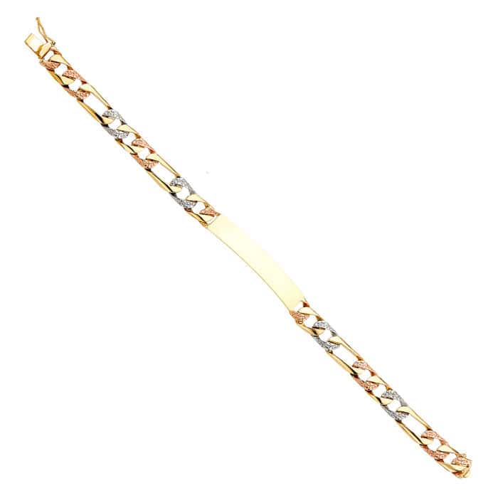 14K Tri Color Nugget Figaro ID Bracelet - 8"