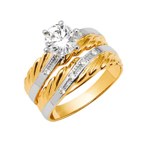 14K Two Tone Gold Cubic Zirconia Engagement Ring and Wedding Band Set