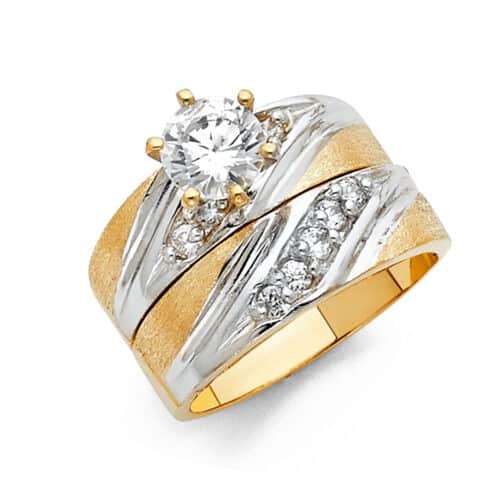 14K Two Tone Gold Cubic Zirconia Engagement Ring and Wedding Band Set