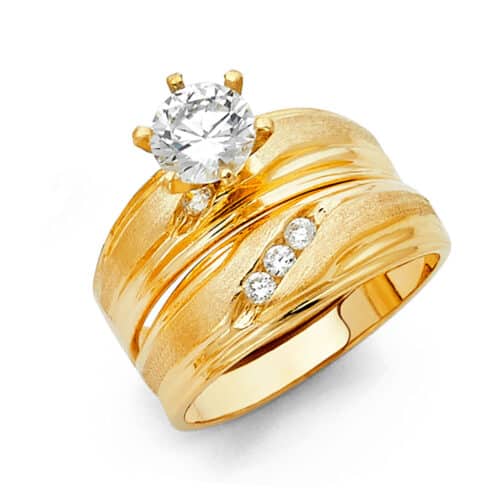 14K Yellow Gold Cubic Zirconia Engagement Ring and Wedding Band Set