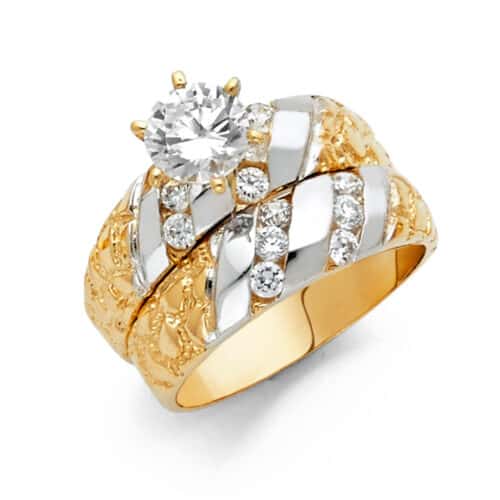 14K Two Tone Gold Cubic Zirconia Engagement Ring and Wedding Band Set