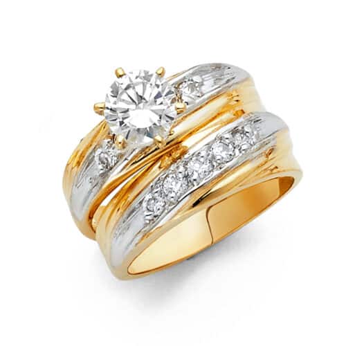 14K Two Tone Gold Cubic Zirconia Engagement Ring and Wedding Band Set