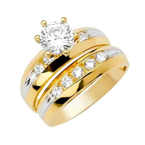 14K Two Tone Gold Cubic Zirconia Engagement Ring and Wedding Band Set