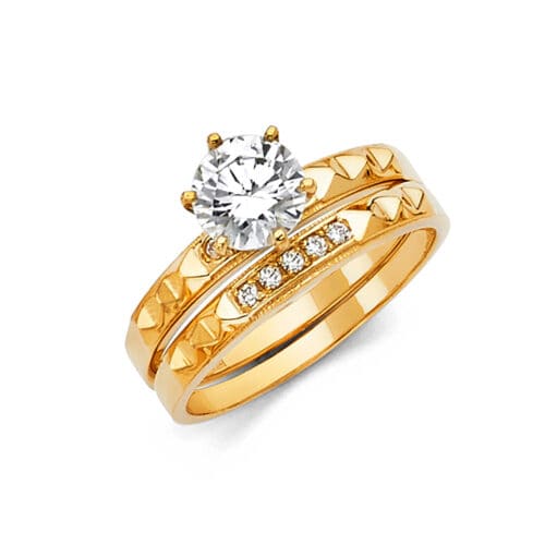 14K Yellow Gold Cubic Zirconia Engagement Ring and Wedding Band Set