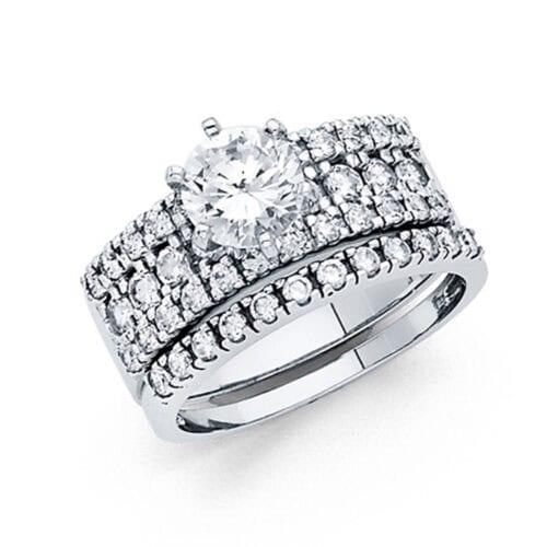 14K White Gold Cubic Zirconia Engagement Ring and Wedding Band Set