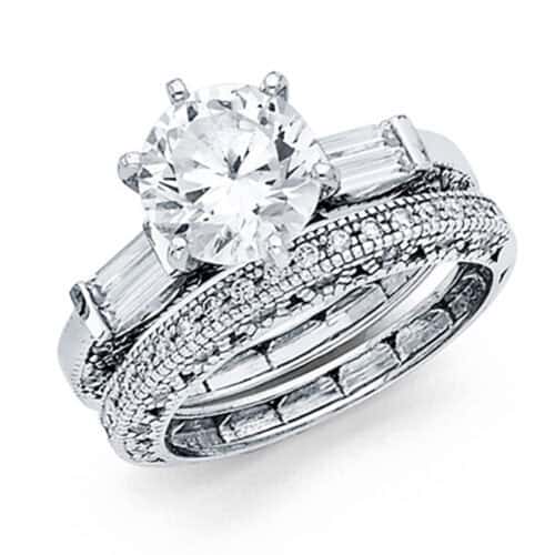 14K White Gold Cubic Zirconia Engagement Ring and Wedding Band Set