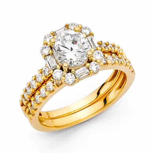 14K Yellow Gold Cubic Zirconia Engagement Ring and Wedding Band Set