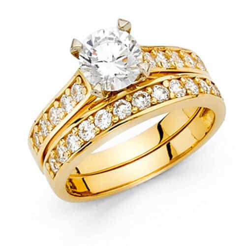 14K Yellow Gold Cubic Zirconia Engagement Ring and Wedding Band Set