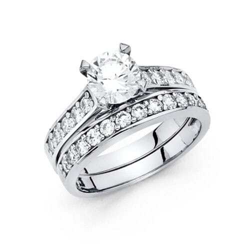 14K White Gold Cubic Zirconia Engagement Ring and Wedding Band Set