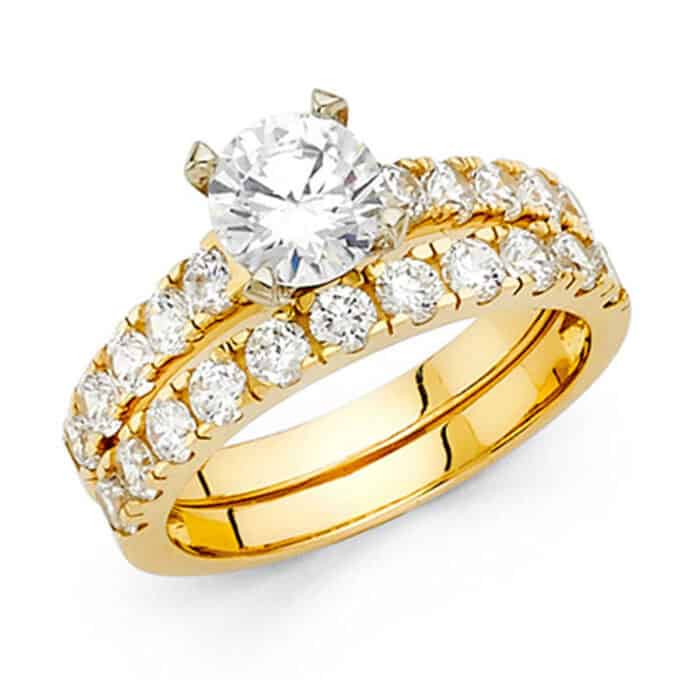 14K  Yellow Gold Cubic Zirconia Engagement Ring and Wedding Band Set