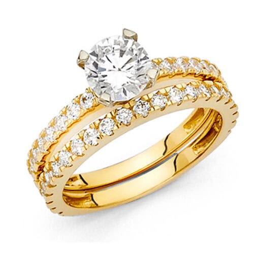 14K Yellow Gold Cubic Zirconia Engagement Ring and Wedding Band Set