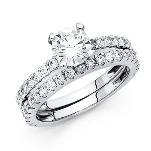 14K White Gold Cubic Zirconia Engagement Ring and Wedding Band Set