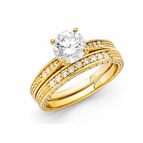 14K Yellow Gold Cubic Zirconia Engagement Ring and Wedding Band Set