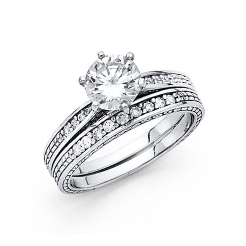 14K White Gold Cubic Zirconia Engagement Ring and Wedding Band Set