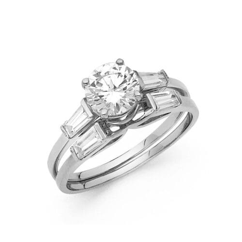 14K White Gold Cubic Zirconia Engagement Ring and Wedding Band Set